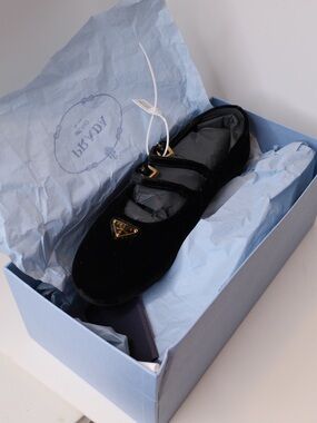 Prada Black Velvet Mary Jane Flat with Gold Logo
